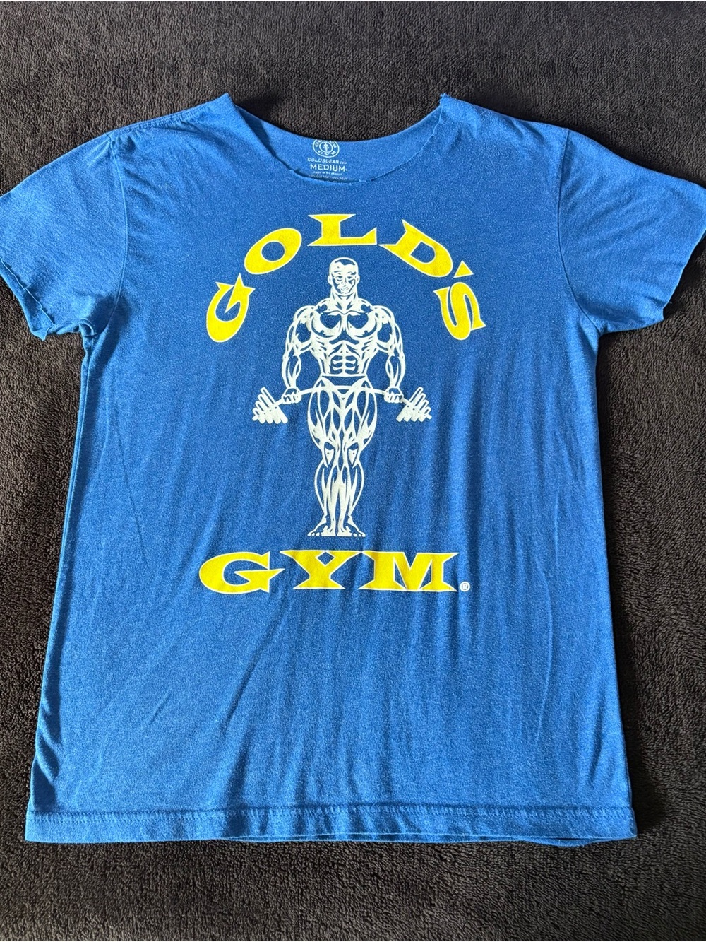 Gold’s Gym DIY cut off neckband blue white gold large front logo tee men’s med